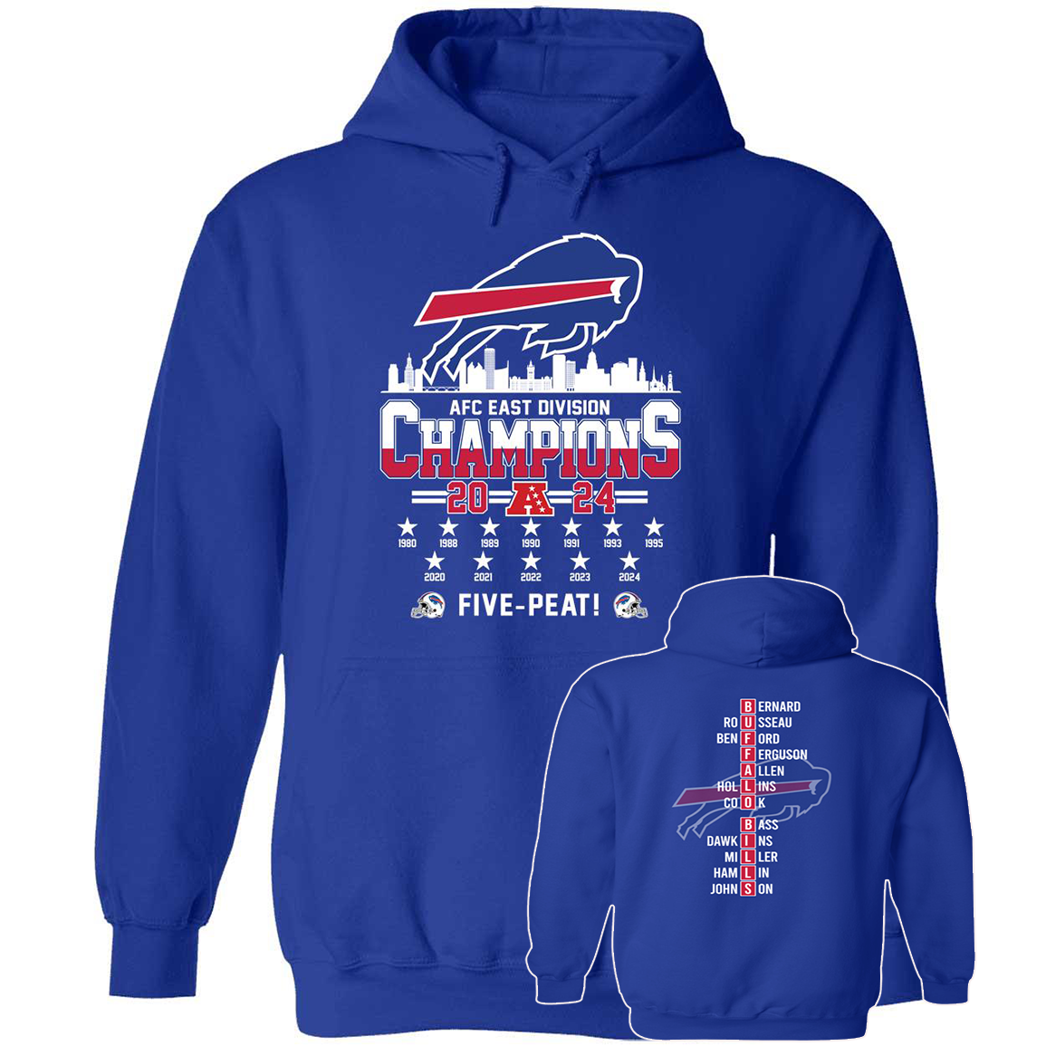 Front Back Buffalo Bills AFC East Division Champions 2024 Five Peat1.png
