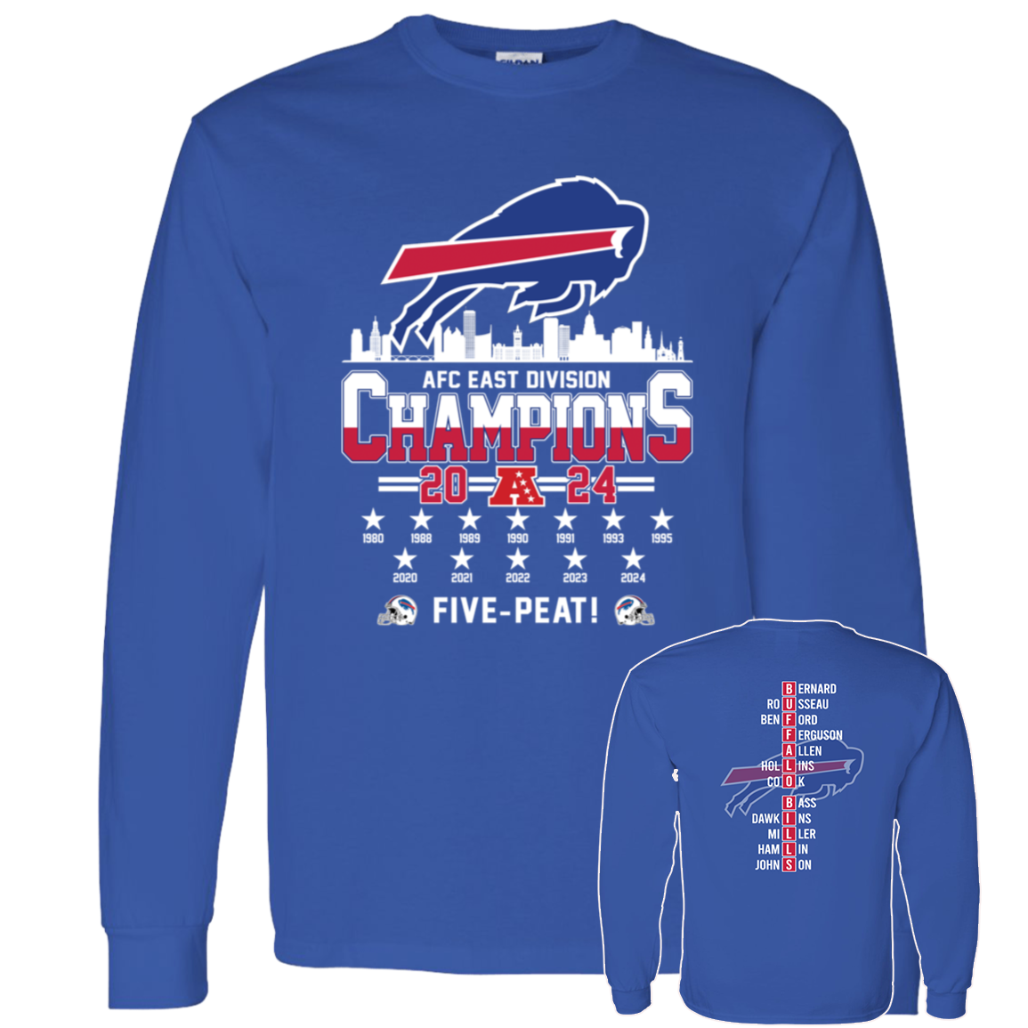 Front Back Buffalo Bills AFC East Division Champions 2024 Five Peat4.png