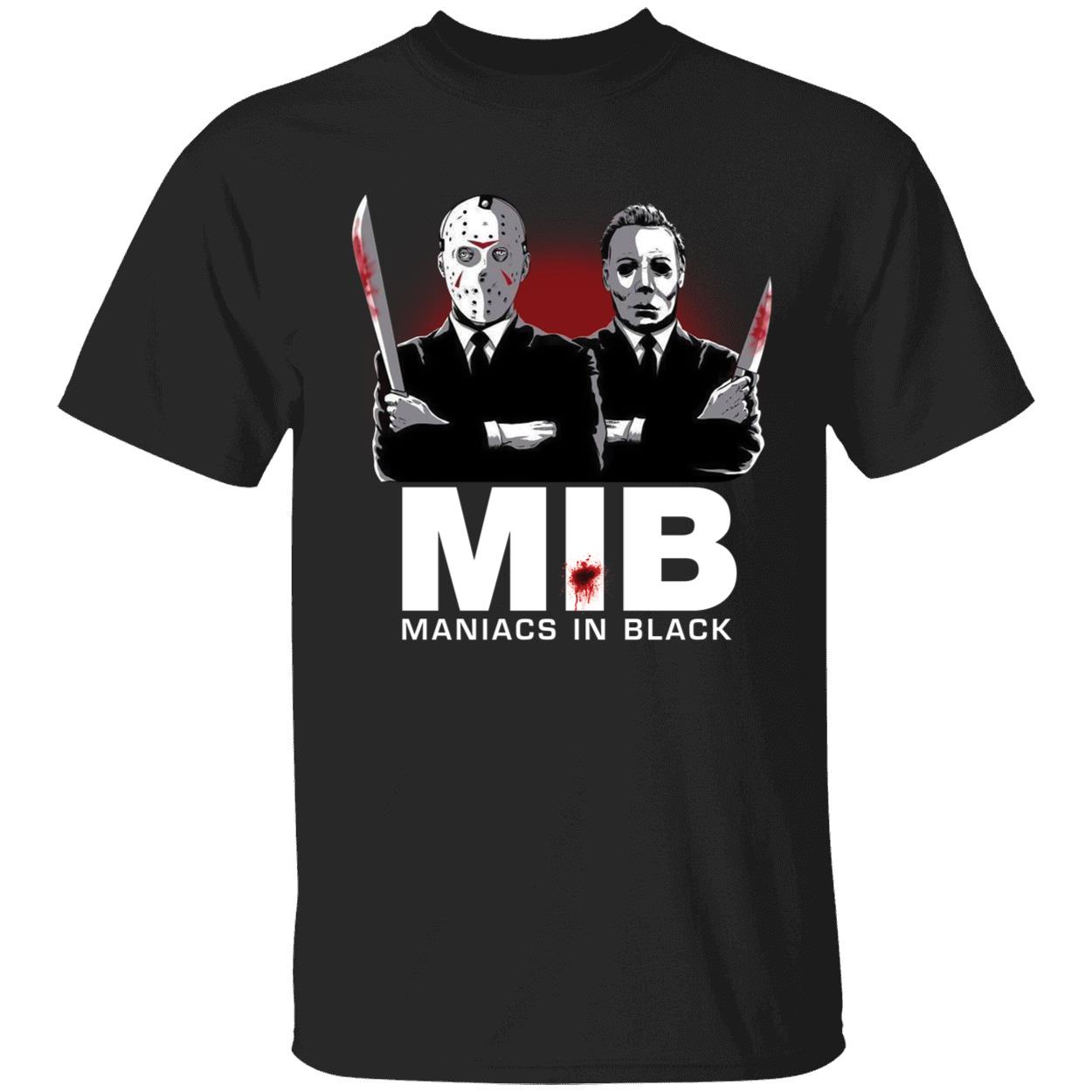 Michael Myers And Jason Voorhees MIB Maniacs In Black Halloween Shirt 1 1.jpg